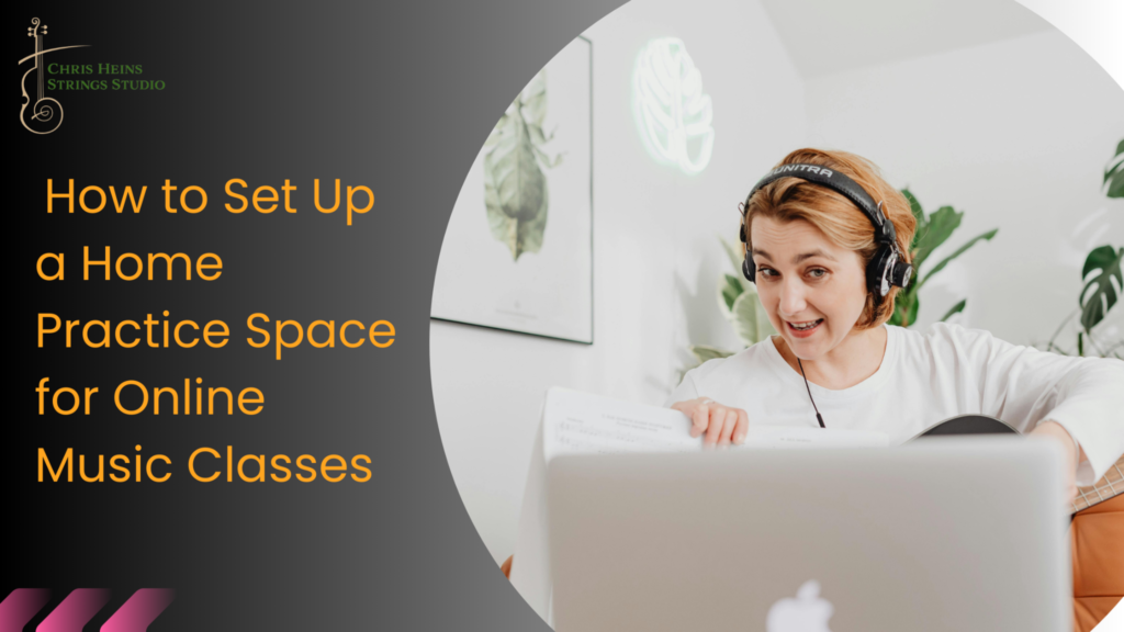 A woman holding an instrument attending an online music lesson on a laptop at home.